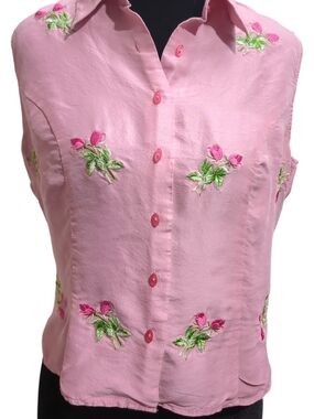 Vision Apparel 100% Silk Pink Embroidered Rose Sleeveless Button Front Blouse M